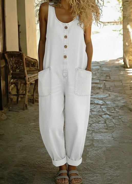 Women's Buckle Jumpsuit Casual Retro Multi-Pocket Overalls Pants 