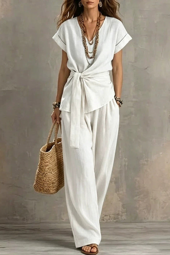 Women's V-neck Pullover Short-Sleeve Pants Set 