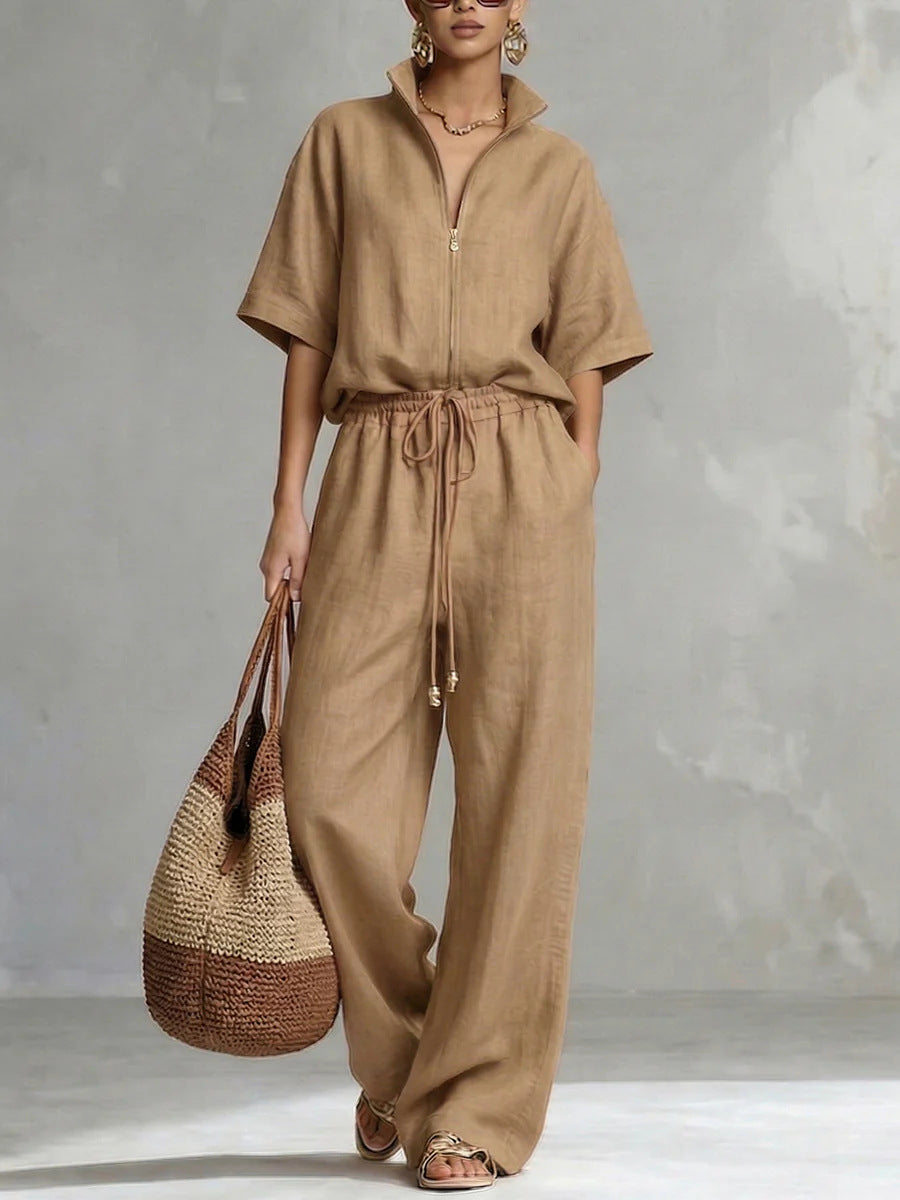 Womens Casual Loose Solid-Color Zip-Up Crew-Neck Wide-Leg Pants Set 