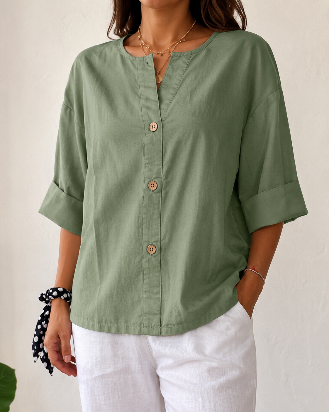 Women's V-Neck Buttoned Blouse 