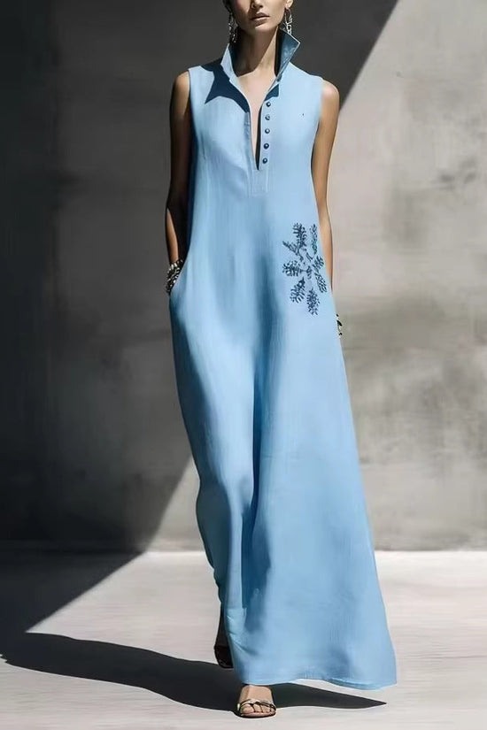 Heat-transfer Graphic Pocket Casual Mandarin-collar Cotton-linen Dress 