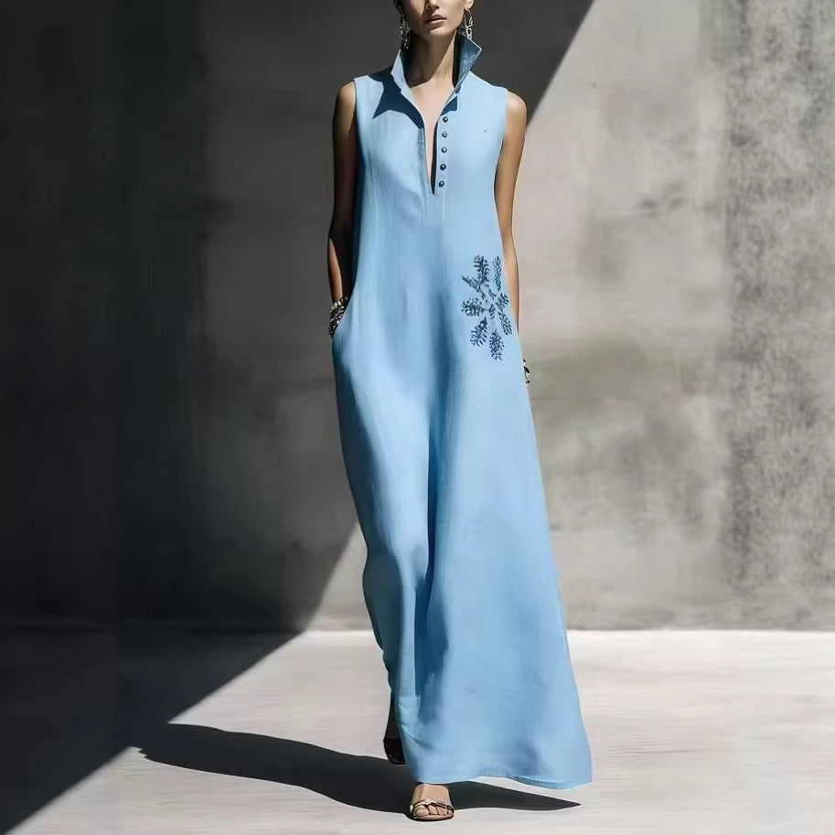 Heat-transfer Graphic Pocket Casual Mandarin-collar Cotton-linen Dress 