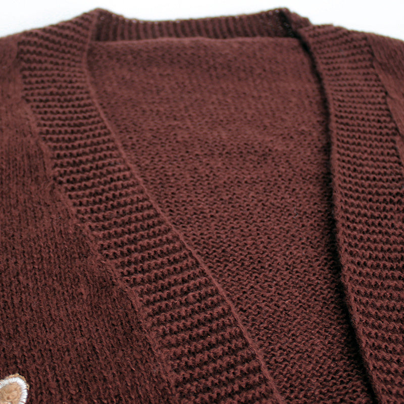 Gingerbread Man Knit Cardigan - Women's Solid V-Neck Ribbed Cuffed Short Sweater, Casual Spring Autumn Polyester Top 