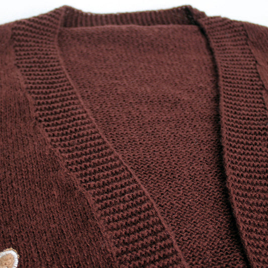 Gingerbread Man Knit Cardigan - Women's Solid V-Neck Ribbed Cuffed Short Sweater, Casual Spring Autumn Polyester Top 