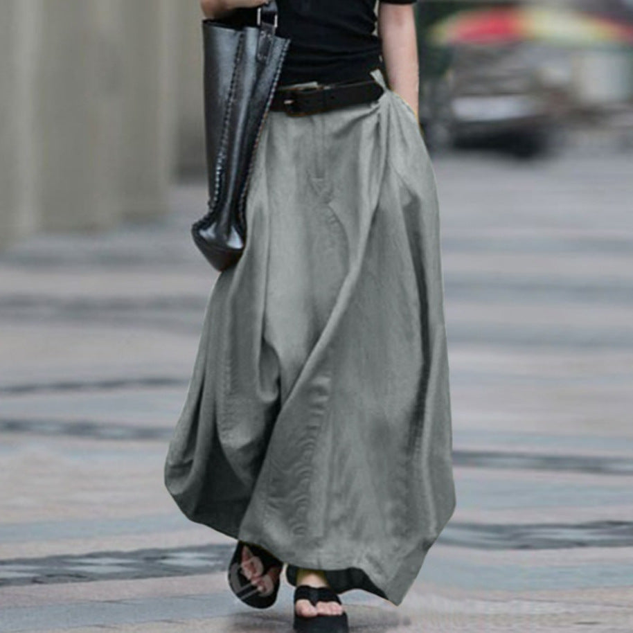 Womens Solid-color High-waisted Long Skirt 