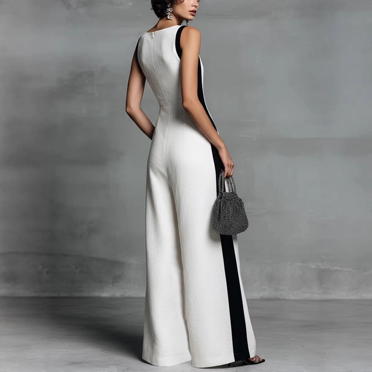 Sleeveless Womens V-Neck Contrasting Color Wide-Leg Jumpsuit 