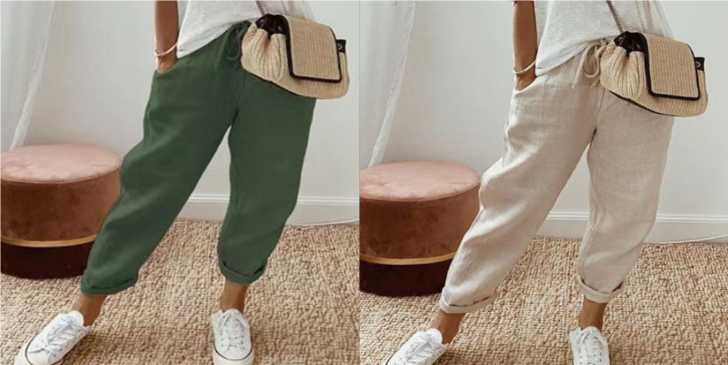 Women's Fashion Cotton Linen Solid Color Casual Pants 