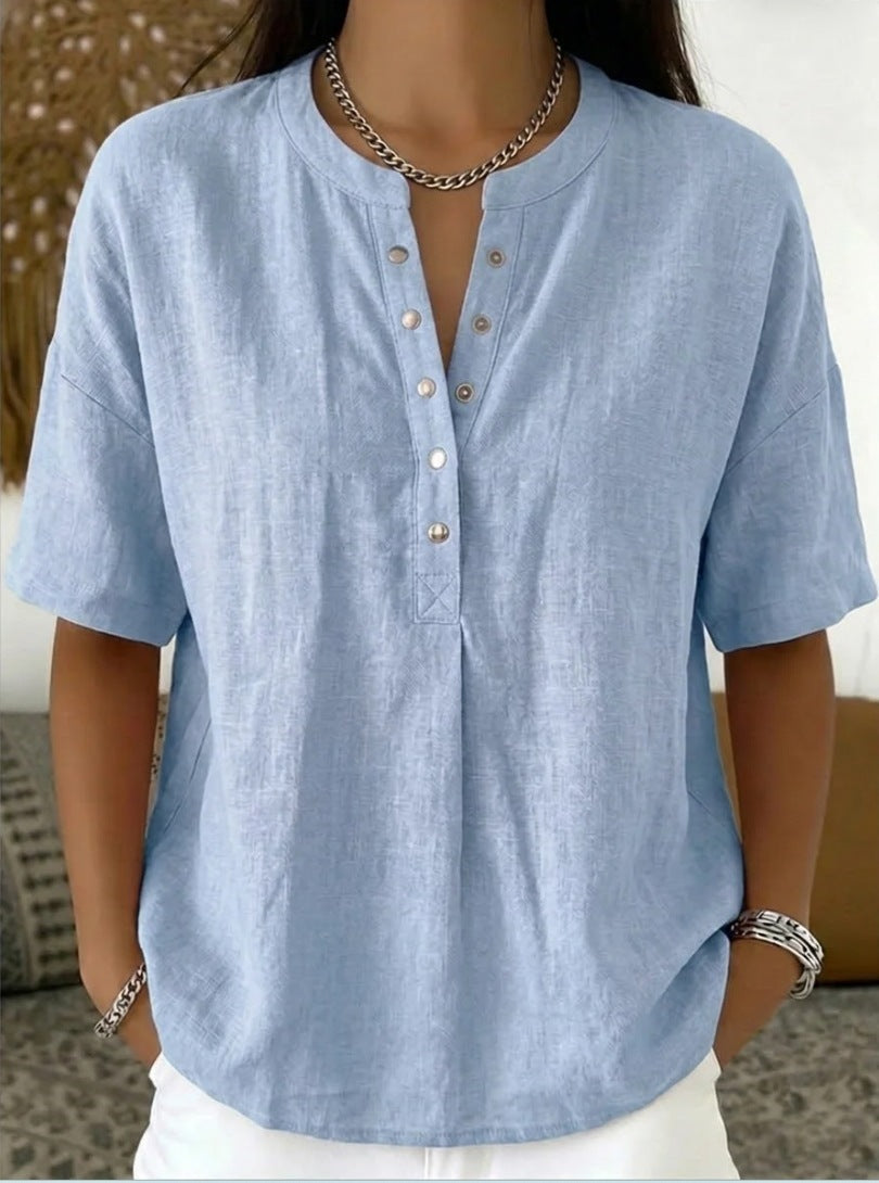 Solid Color Casual Pullover Short-Sleeve Shirt For Women 