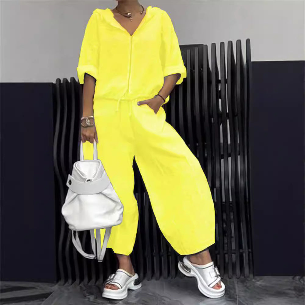 Cotton And Linen Womens Casual Fashion Long-Sleeve Top And Pants Two-Piece Set 