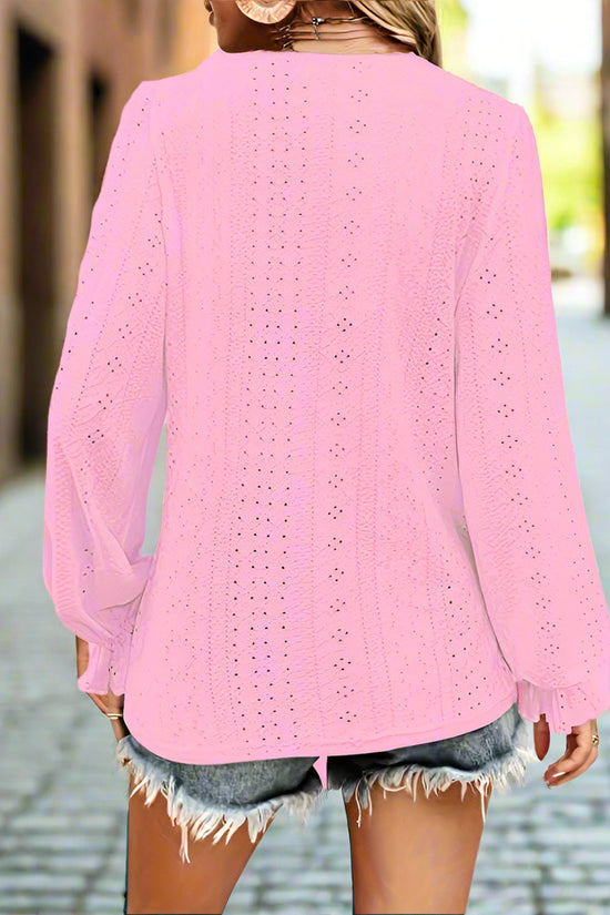 Plus Size Women's V-Neck Solid Top With Button Lantern Sleeves Hollow Out Detail Blouse For Spring&Fall CJ US