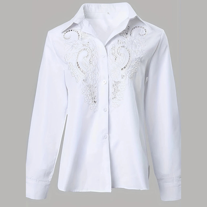 Women’s Contrast Lace Long-Sleeve Button‑Down Blouse CJ US