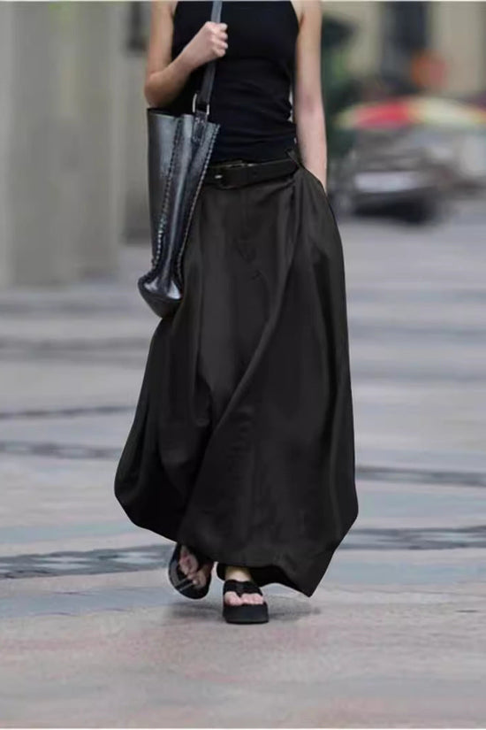 Womens Solid-color High-waisted Long Skirt 