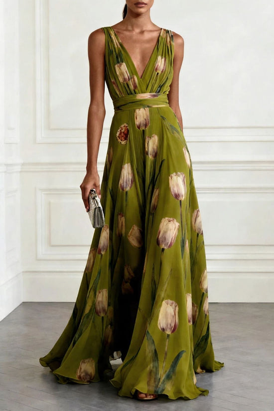 Elegant Tulip Print Evening Dress for Women Sleeveless V-Neck Chiffon Long Dress 