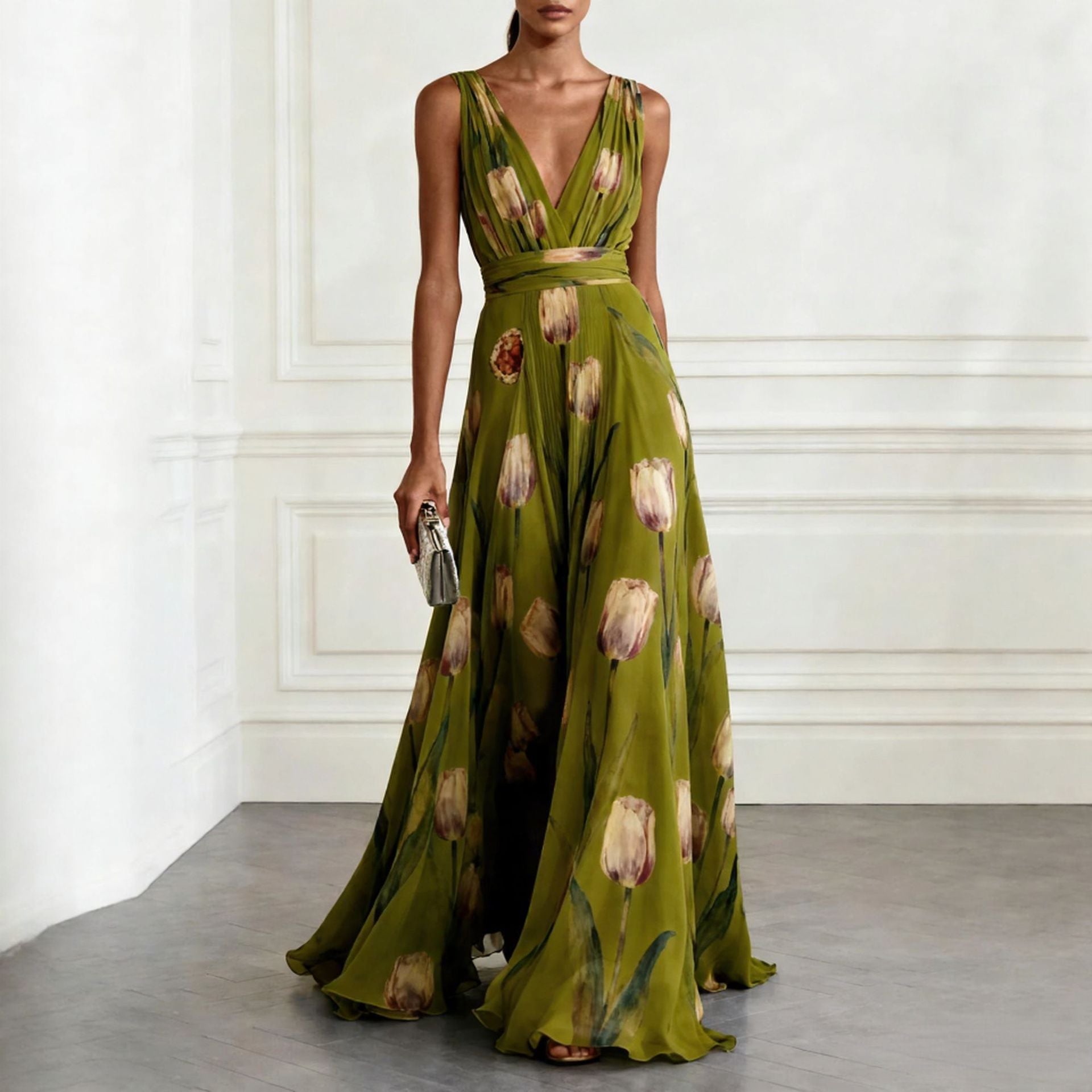 Elegant Tulip Print Evening Dress for Women Sleeveless V-Neck Chiffon Long Dress 