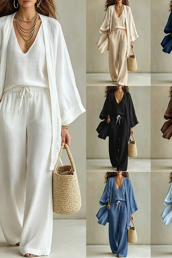 Loose cardigan sleeveless vest long pants three piece set for women