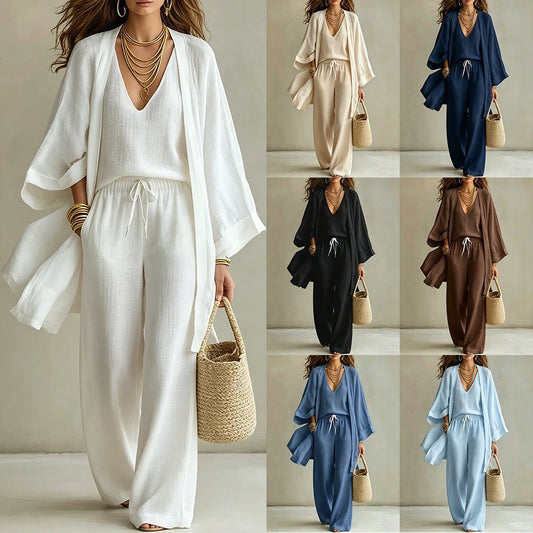 Loose cardigan sleeveless vest long pants three piece set for women 