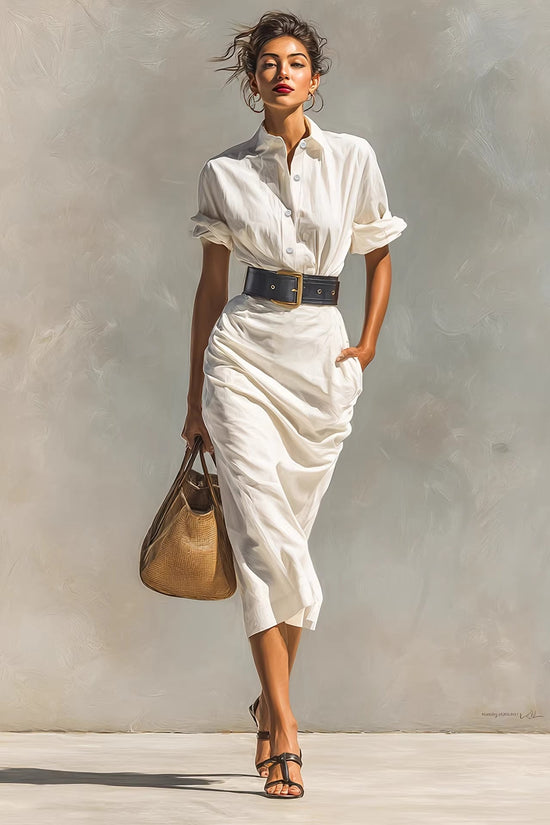 Solid color waist folded shirt long dress 