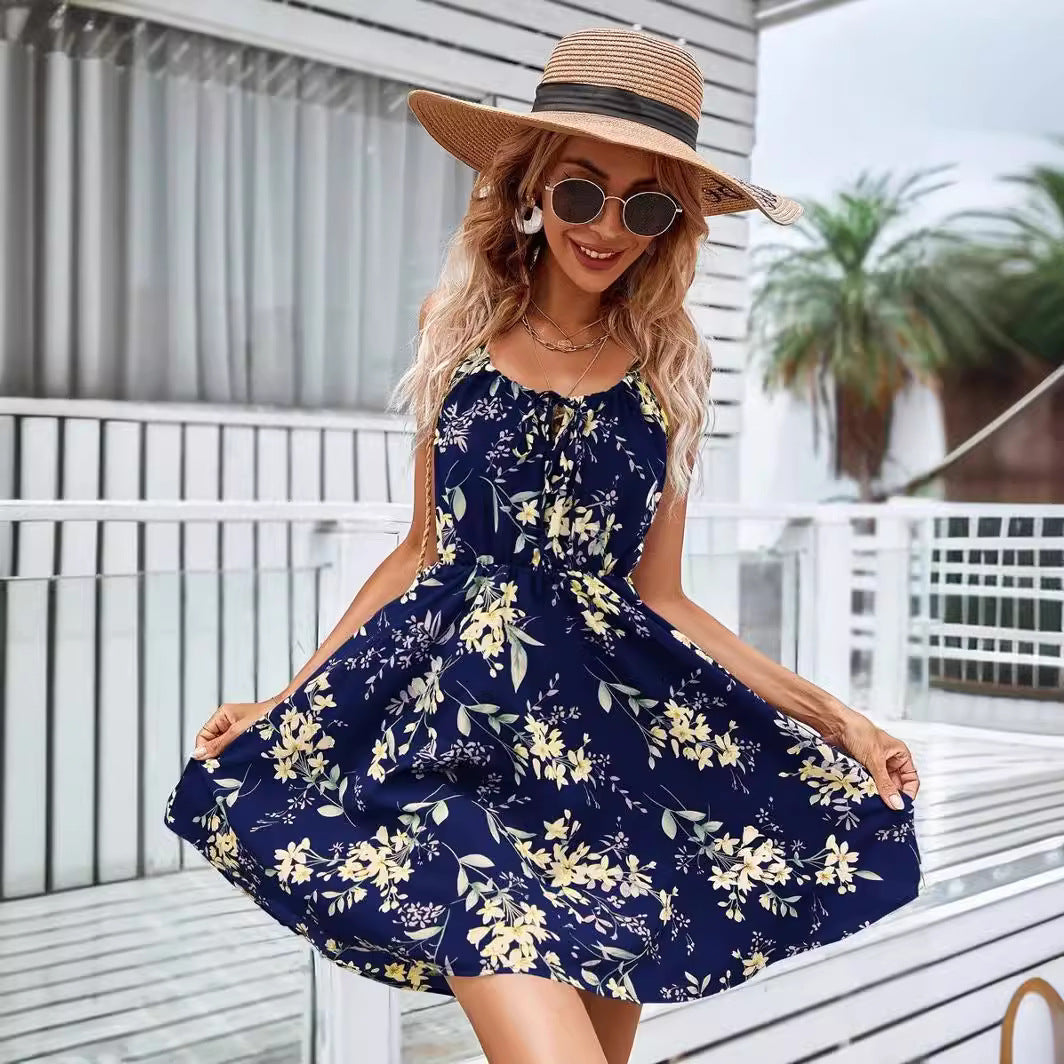 Elegant Sleeveless Printed Dress with Elastic Waist and Straps for Women 
