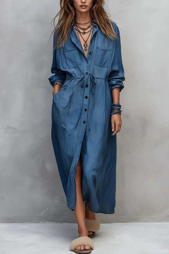 Spring and Autumn Casual Drawstring Waist Shirt Dress Loose Style for Women 