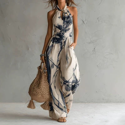 Ink printed wide leg pocket jumpsuit 