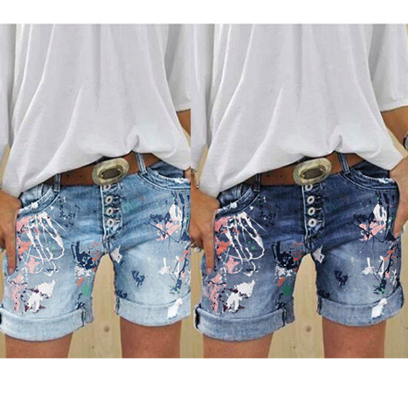 High-Waisted Elastic Printed Women's Denim Shorts with Button Closure, Large Size, Fashionable Design 
