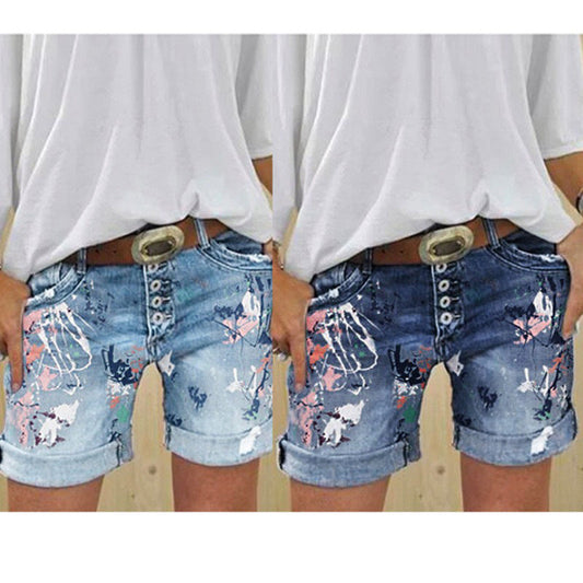 High-Waisted Elastic Printed Women's Denim Shorts with Button Closure, Large Size, Fashionable Design 