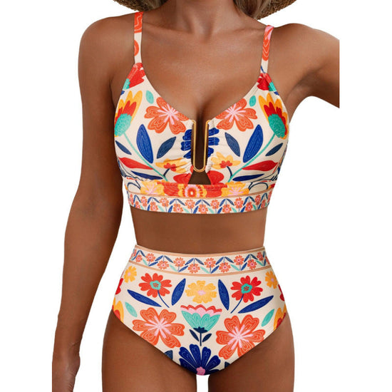 Floral Print High-Waisted U-Line Bikini Set Swimwear for Women 