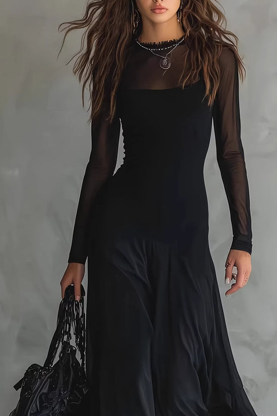 Elegant women's black see through mesh long sleeved dress 