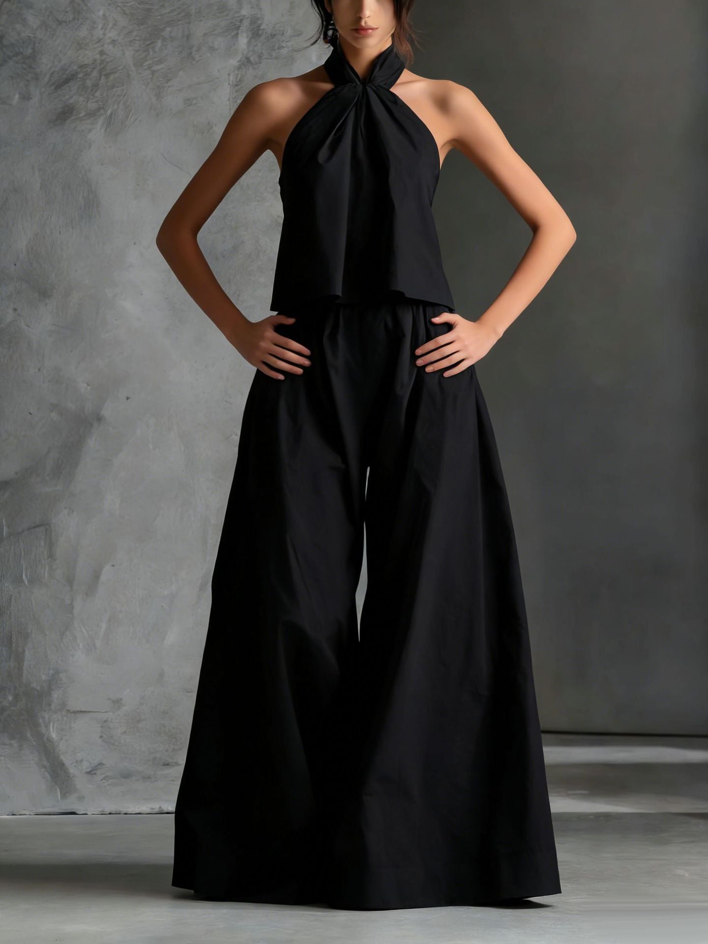 Loose Sleeveless Top High-Waisted Wide-Leg Pants Two-Piece Set for Women 