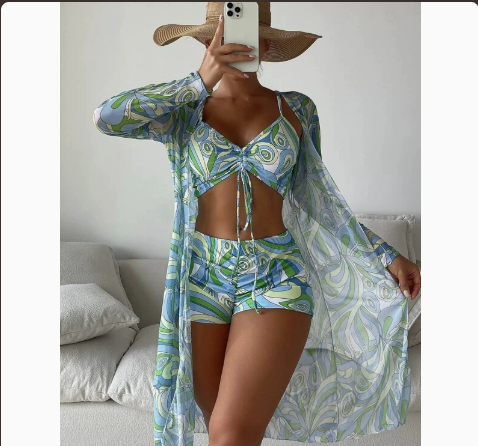 Fashionable Sexy Mesh Cover-Up with Leg-Length Briefs Three-Piece Swimwear Set for Women 
