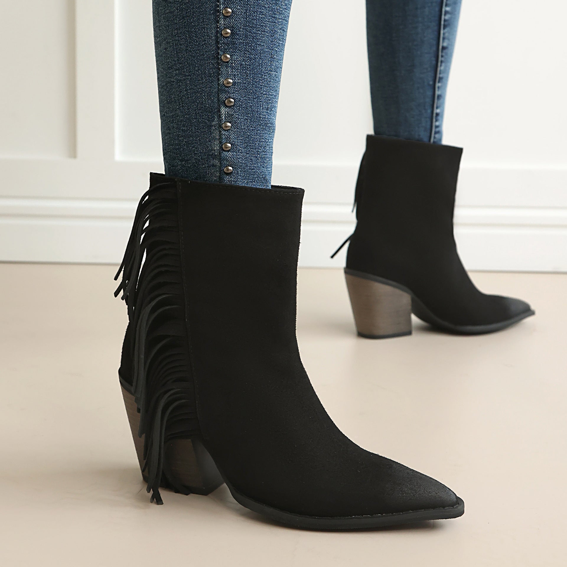 Western Style Ankle Boots for Women, Pointed Toe with Tassel, Chunky High Heel Made to order, ships in 7 days 