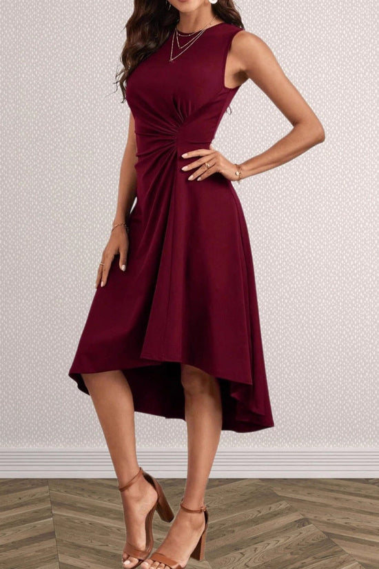 Solid Color Split Hem Fitted Long Sleeve Round Neck Dress 