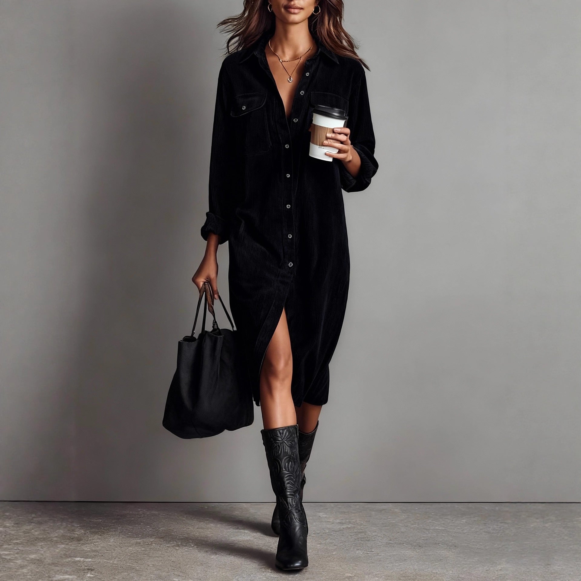 Classic Solid Color Corduroy Long Sleeve Turn-down Collar Shirt Loose Long Dress 