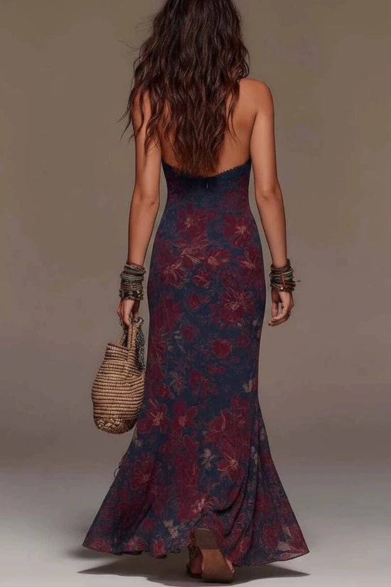 Hanging neck women's lace deep V sleeveless slim fit Bohemian dress 