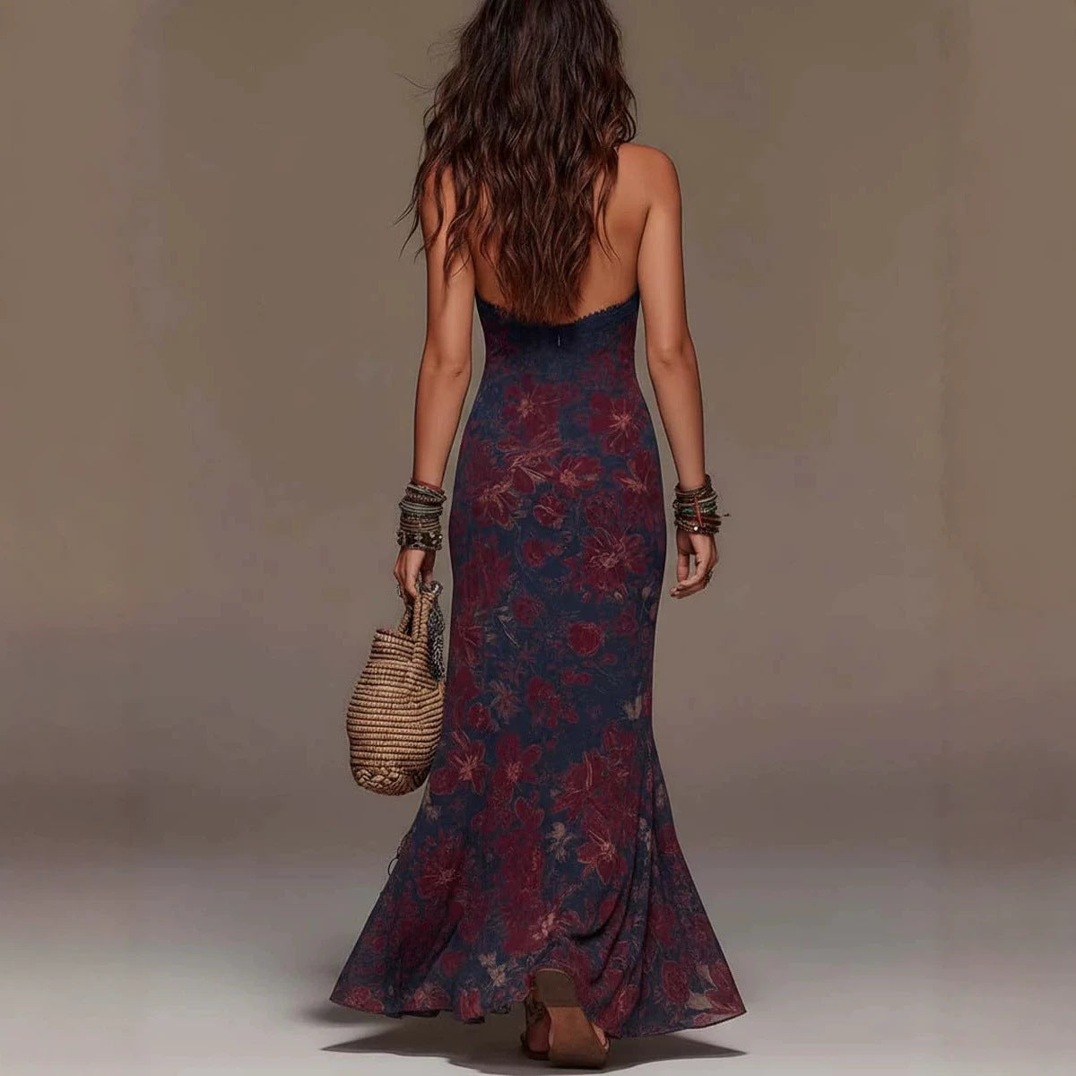 Hanging neck women's lace deep V sleeveless slim fit Bohemian dress 