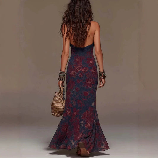 Hanging neck women's lace deep V sleeveless slim fit Bohemian dress 