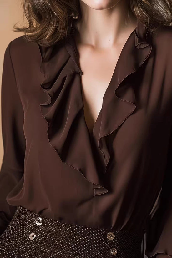 Charming Ruffle Blouse for Women, V-Neck Long Sleeve Shirt Elegant Style Feminine Top 