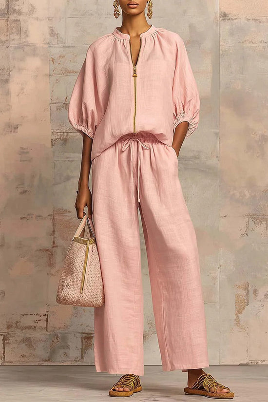 Summer Women's Casual Loose Solid Color Zipper Round Neck Wide Leg Pants Set 