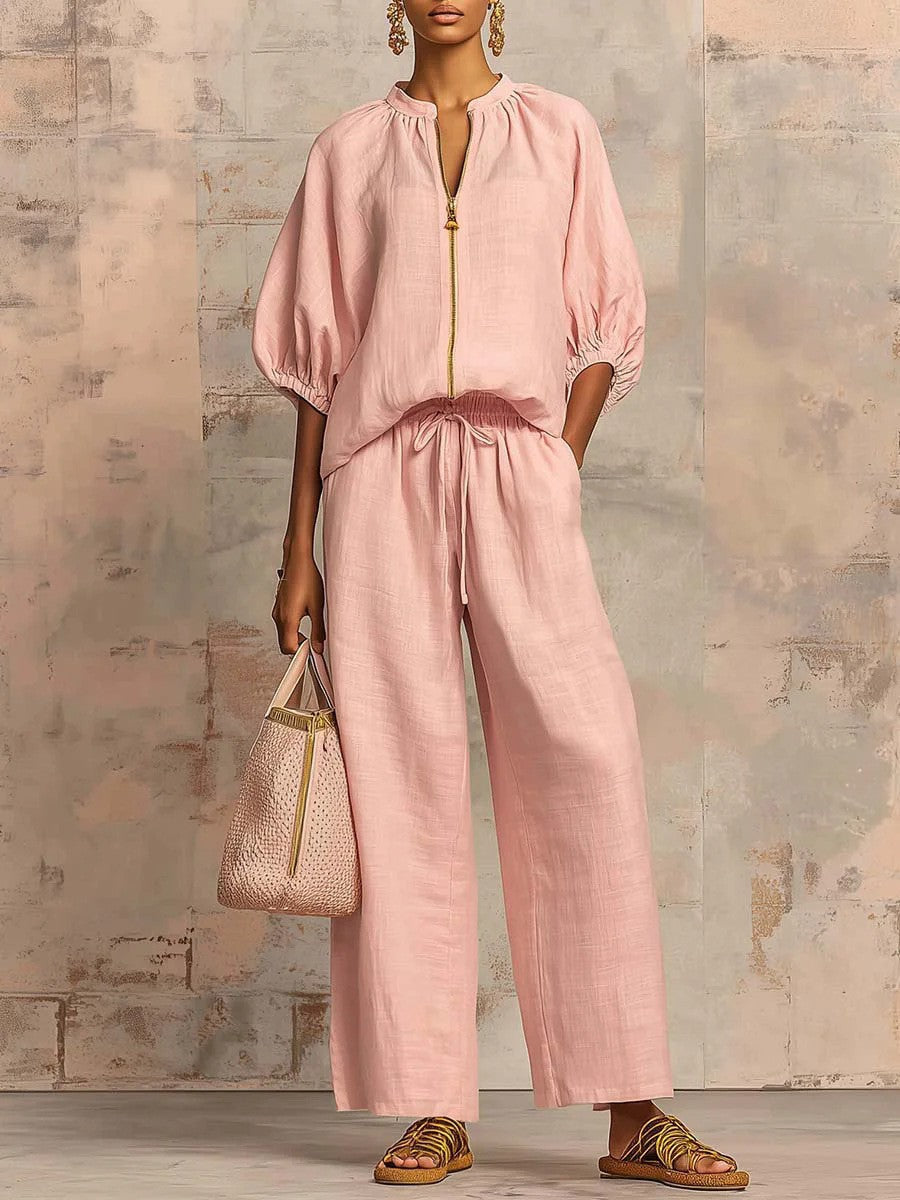 Summer Women's Casual Loose Solid Color Zipper Round Neck Wide Leg Pants Set 