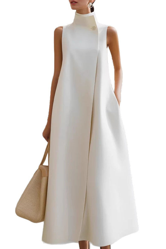 Elegant Sleeveless Long Dress with Stand Collar and Single Button Office Wear, Casual Fashion 