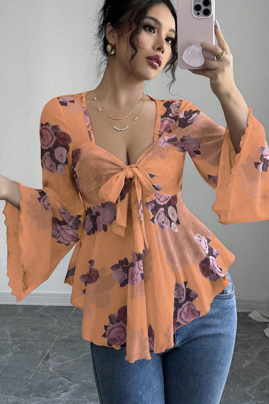 Sweet Floral Ombre Tie-Back Square Neck Long Sleeve Blouse 