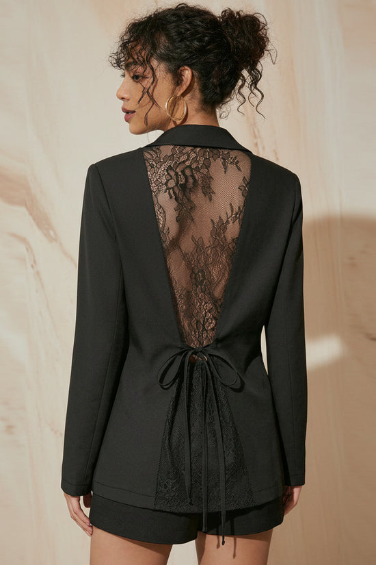 New high-end back thin lace see through strap waist cinching suit jacket women's black suit jacket 