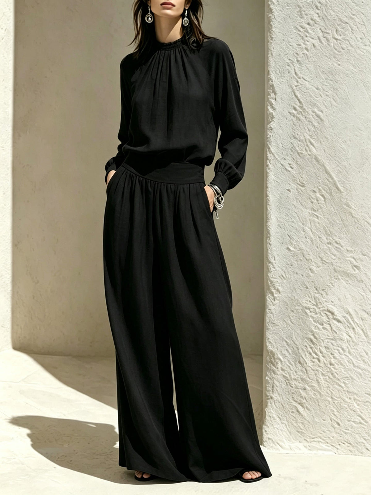 Casual Solid Color Long Sleeve Stand-up Collar Loose Fit Women's Fashion Set BlouseWide-leg Pants 