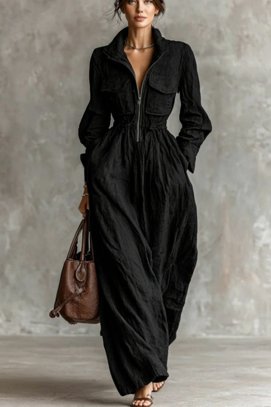 Women's Zipper Collar Elastic Waist Long Dress 
