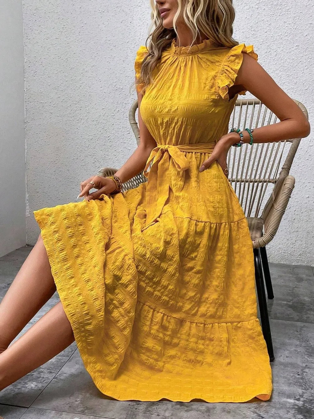 Tied Ruffled Cap Sleeve Midi Dress 