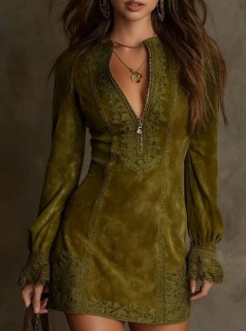 Elegant Long Sleeve Zipper Lace Trim Fitted Midi Dress for Women 