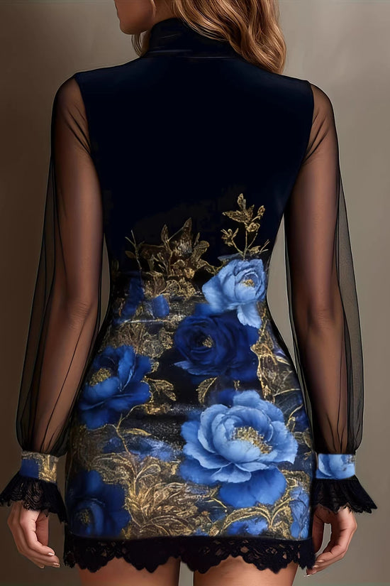 Sexy Lace Trim Patchwork Dress with Elegant Printed Tulle Design Fitted Mini Dress 
