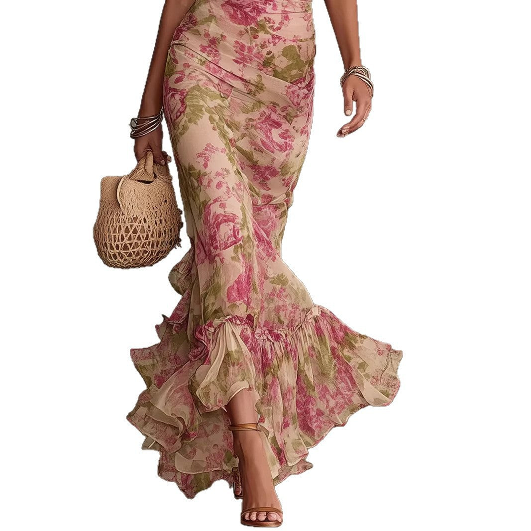 Bubble sleeve printed slim fit long skirt 