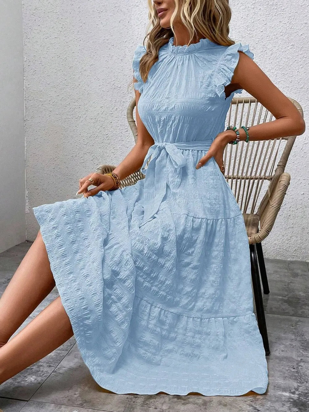 Tied Ruffled Cap Sleeve Midi Dress 