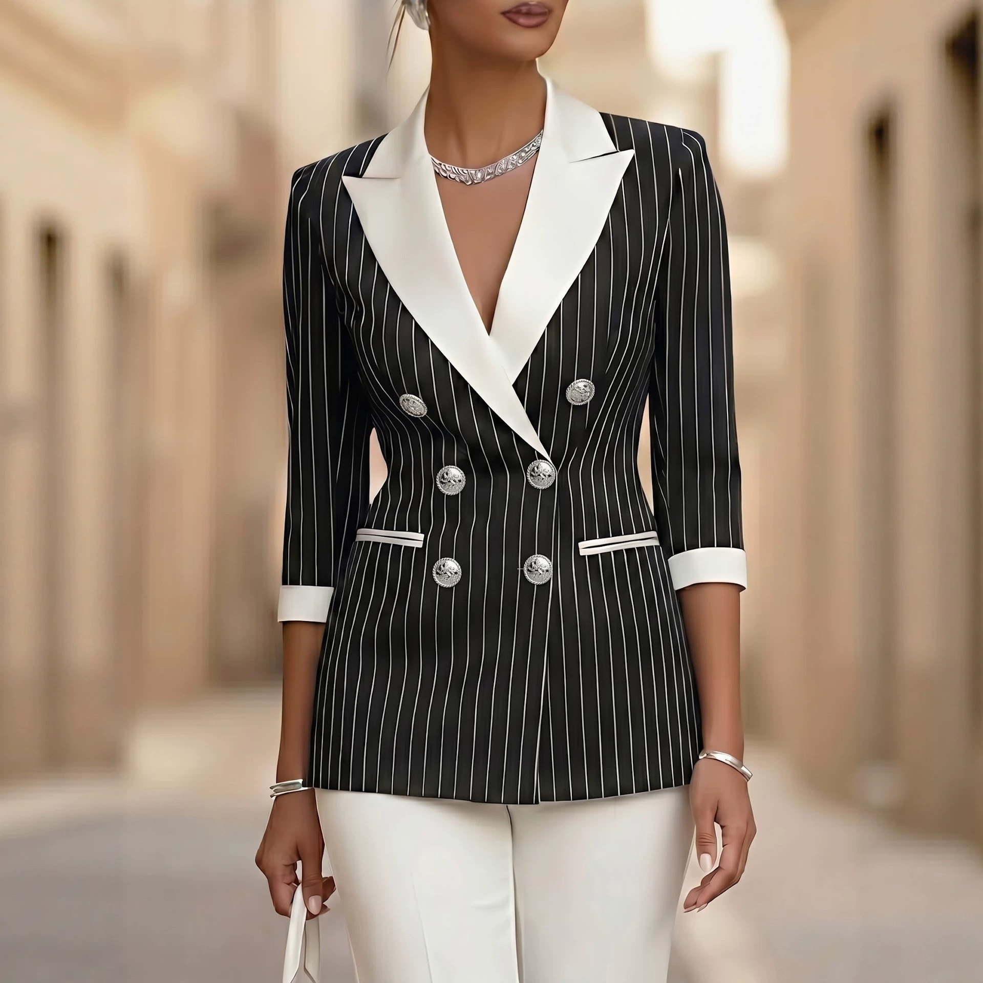 Style Black and White Thin Stripe Color-Blocked Notch Lapel Double-Breasted Three-Quarter Sleeve Suit Jacket for Women 